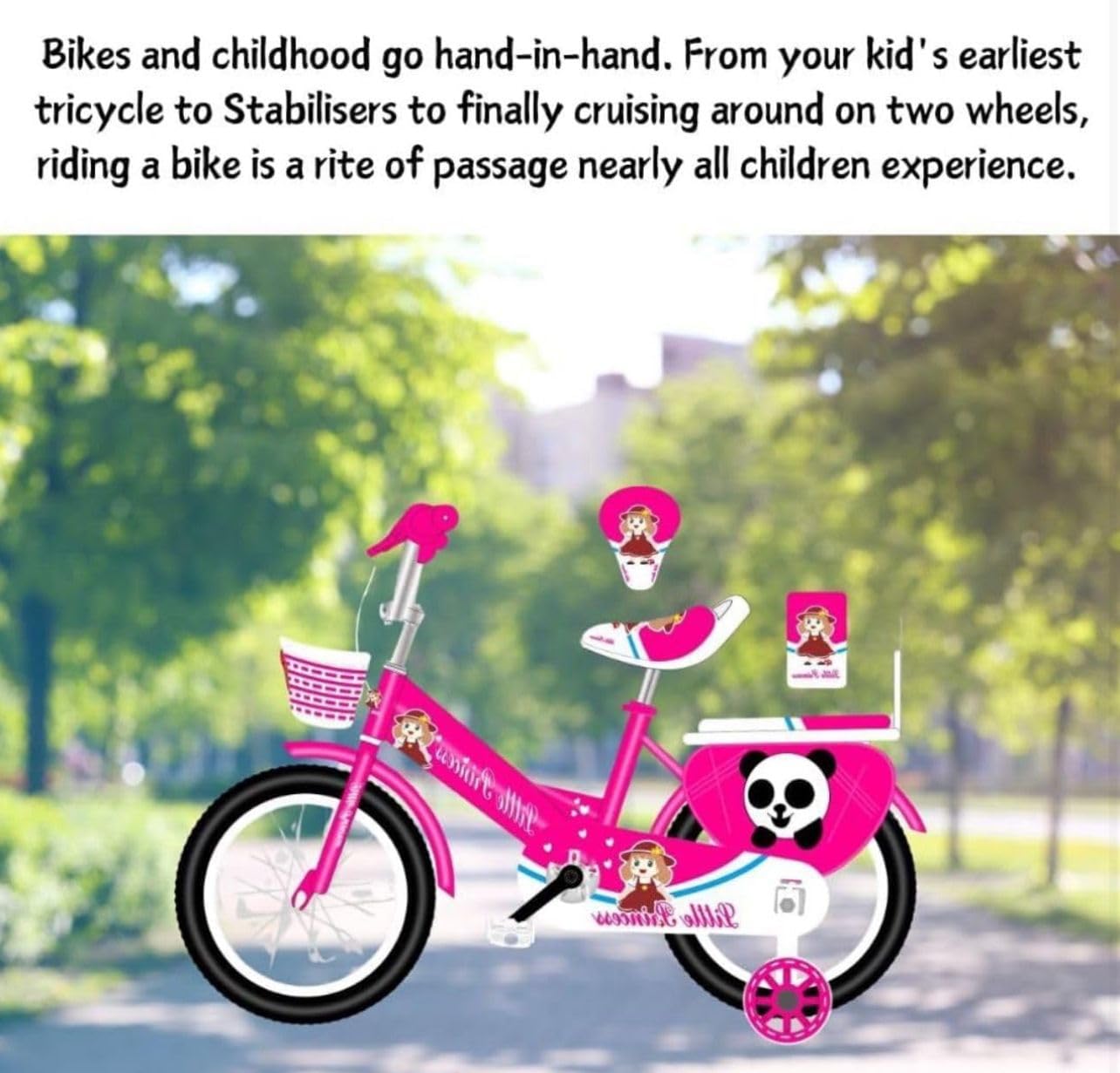 Pink Girls Bike 16" with Stabilisers, Basket & Bell — Adjustable Seat & Handlebars