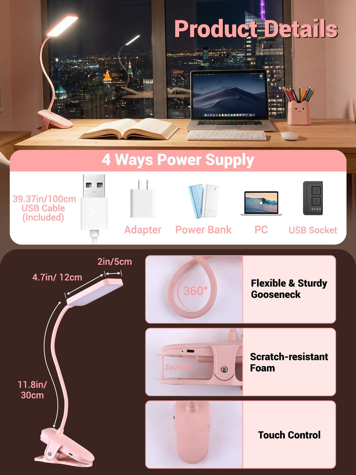 Reading Light,9 Brightness+5 Colors Clip on Light, LED Desk Lamp Table Lamp
