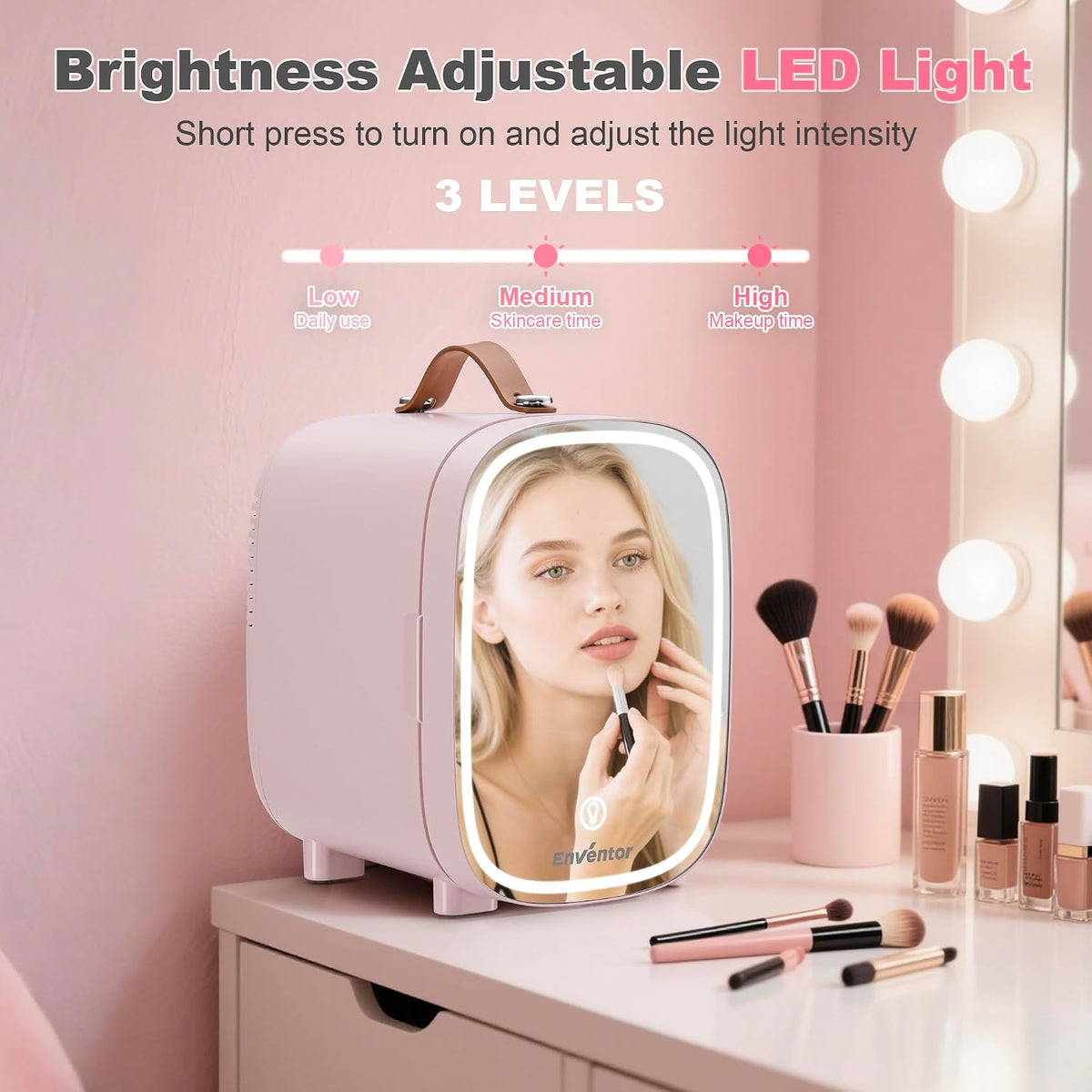 Enventor Mini Fridge 4L/ 6 Can, 3-Level Dimmable LED Mirror, AC+12V DC