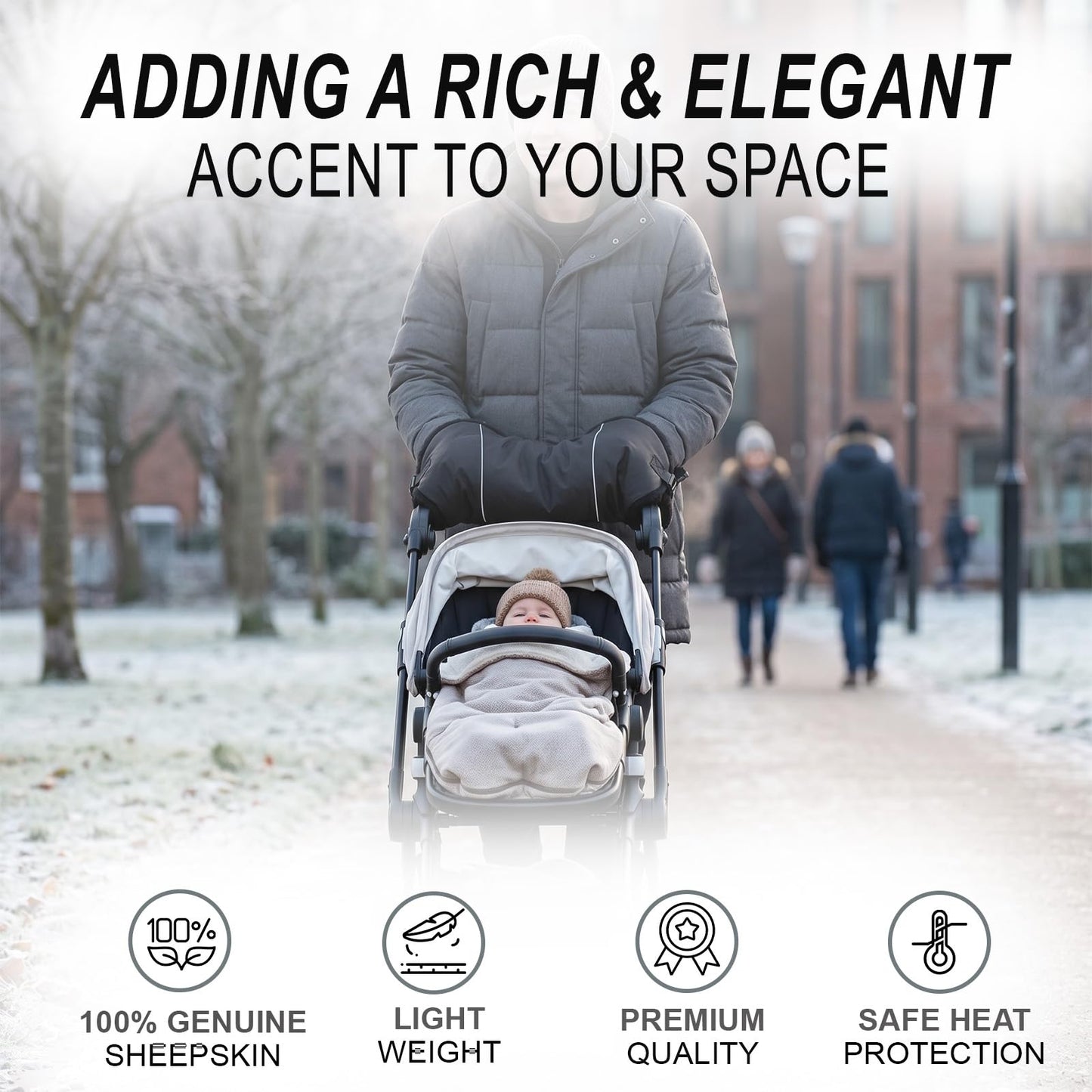 Sheepskin Handmuff for Stroller – Luxury Warm Winter Pram Hand Muff with Velcro Straps – Genuine Shearling Pushchair Handle Cover for Cold Weather Walks, Cosy Outdoor Accessory- 46cm×21cm (Black)