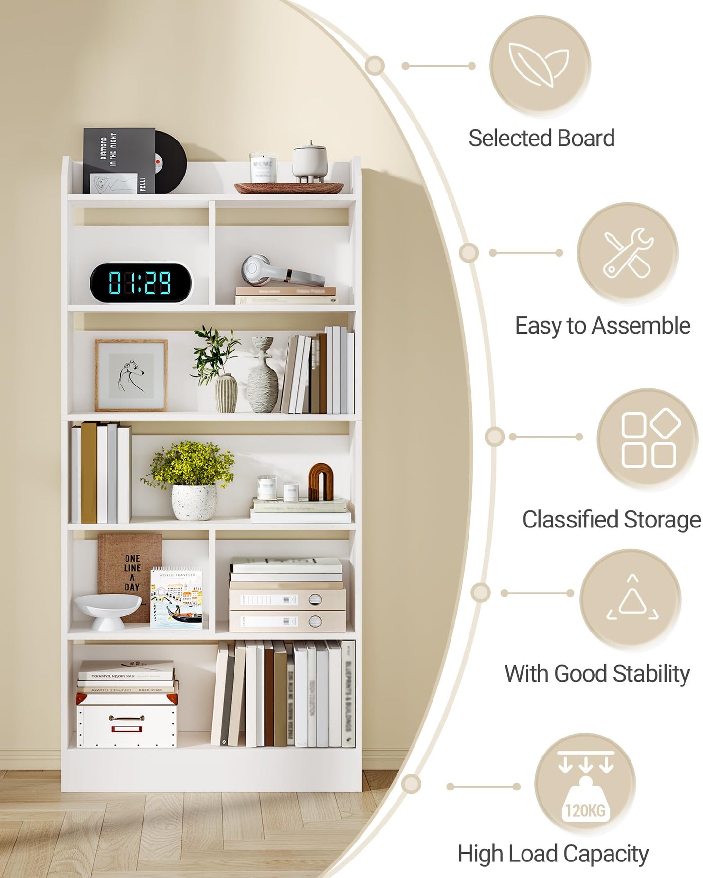 Hzuaneri 6-Tier Bookcase, Bookshelf with 8 Adjustable Storage Shelf Unit, White Bookcase for Living Room, Home Office, Bedroom, Study, 24 x 60 x 199 cm, White, BC11703X