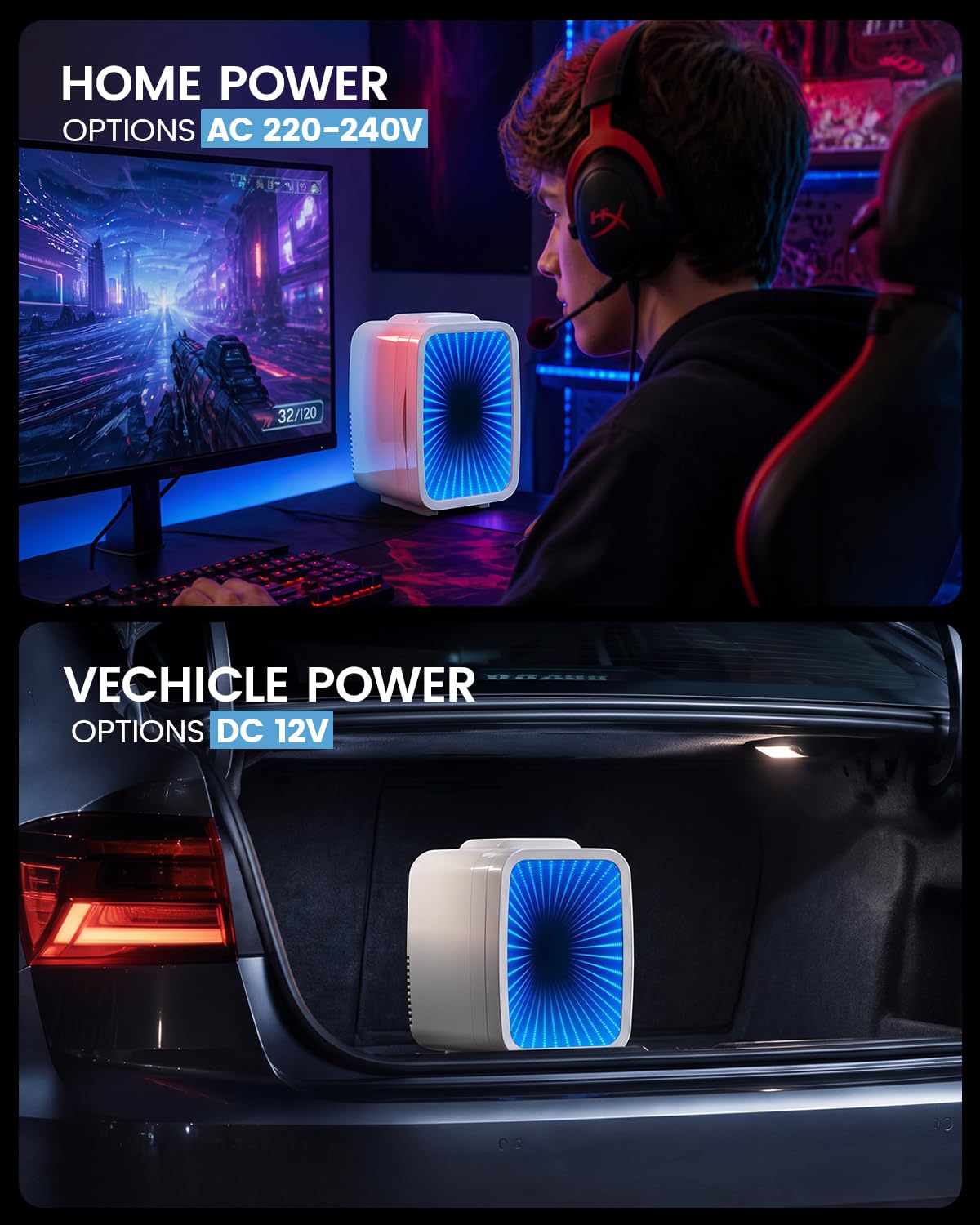 Mini Fridge, 4 Litre/6 Can Small Fridge with Dimmable LED Light, AC/DC Portable Mini Cooler and Warmer, Gaming Fridge for Bedroom, Office, Games Room and Car Great Gift for Teens