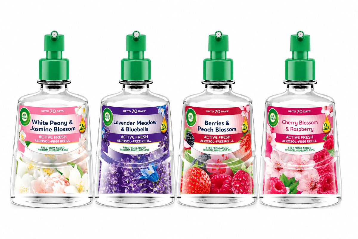 Airwick Active Fresh Refills Bundle 228ml 4 Pack - Linen & White Orchid (2 Units) - Cherry Blossom & Raspberry (2 Units)