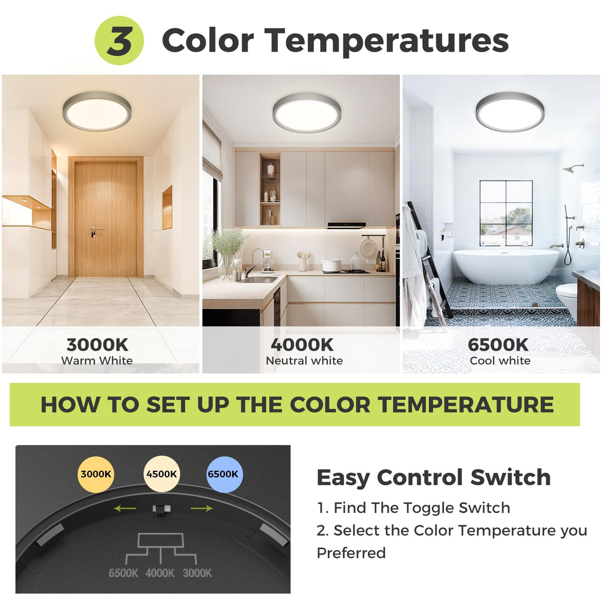 hepside Bathroom Light, 3000K/4000K/6500K 3 Color Temperature LED Ceiling Light, 15W 1500LM, Waterproof, Round, Small, Modern, Flush Ceiling Light for Bathroom, Kitchen, Bedroom, Black