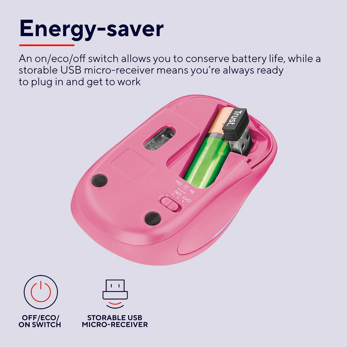 Trust Yvi FX Wireless Mouse with LED Illumination, USB Micro Receiver, RF 2.4 GHz, 800/1600 DPI, Ambidextrous, 8 m Range, Computer Mouse for Laptop, PC and Mac - Pink
