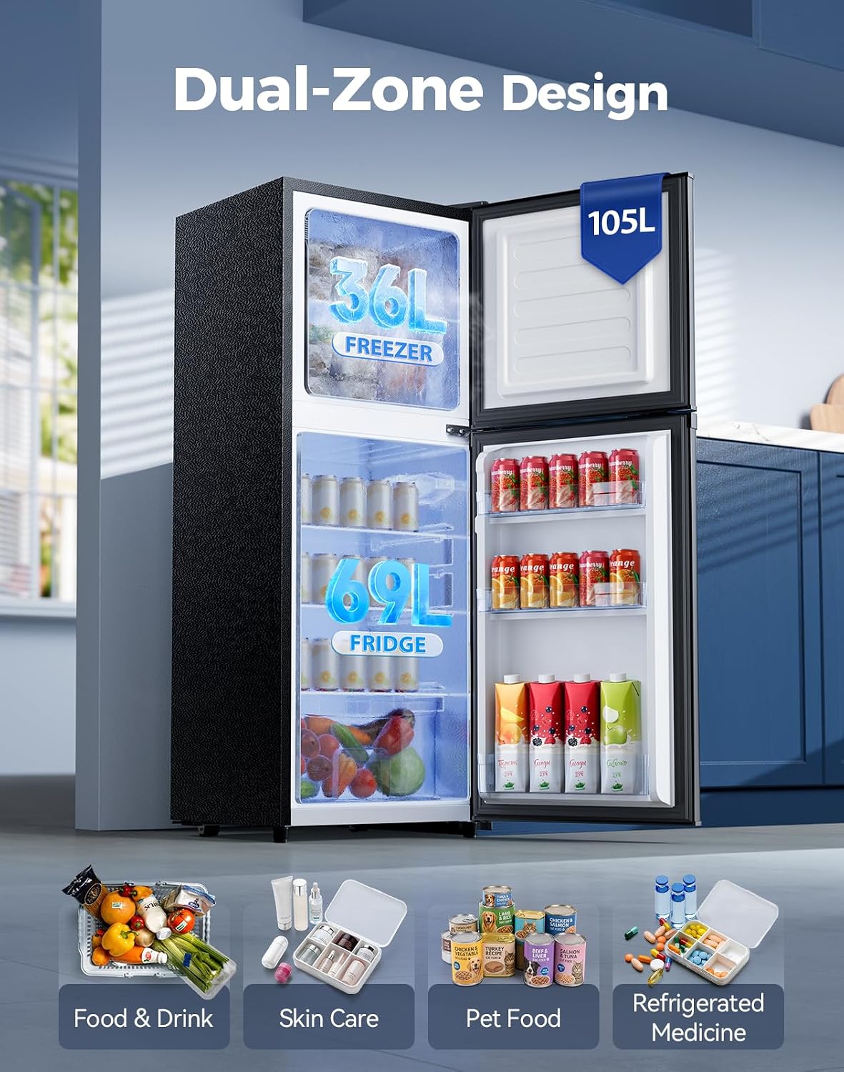 Small Fridge Freezers Freestanding 105L 7‑Stage Thermostat LED Light