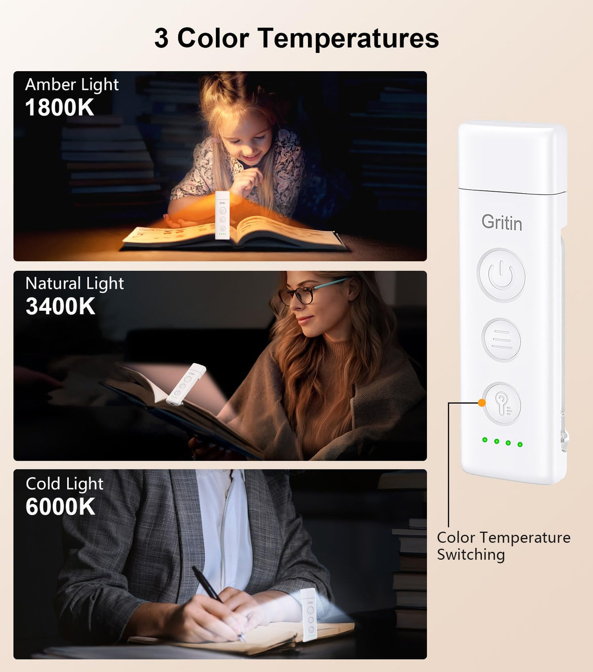Gritin Book Light Rechargeable, Reading Light Lamp Clip on Book for Reading