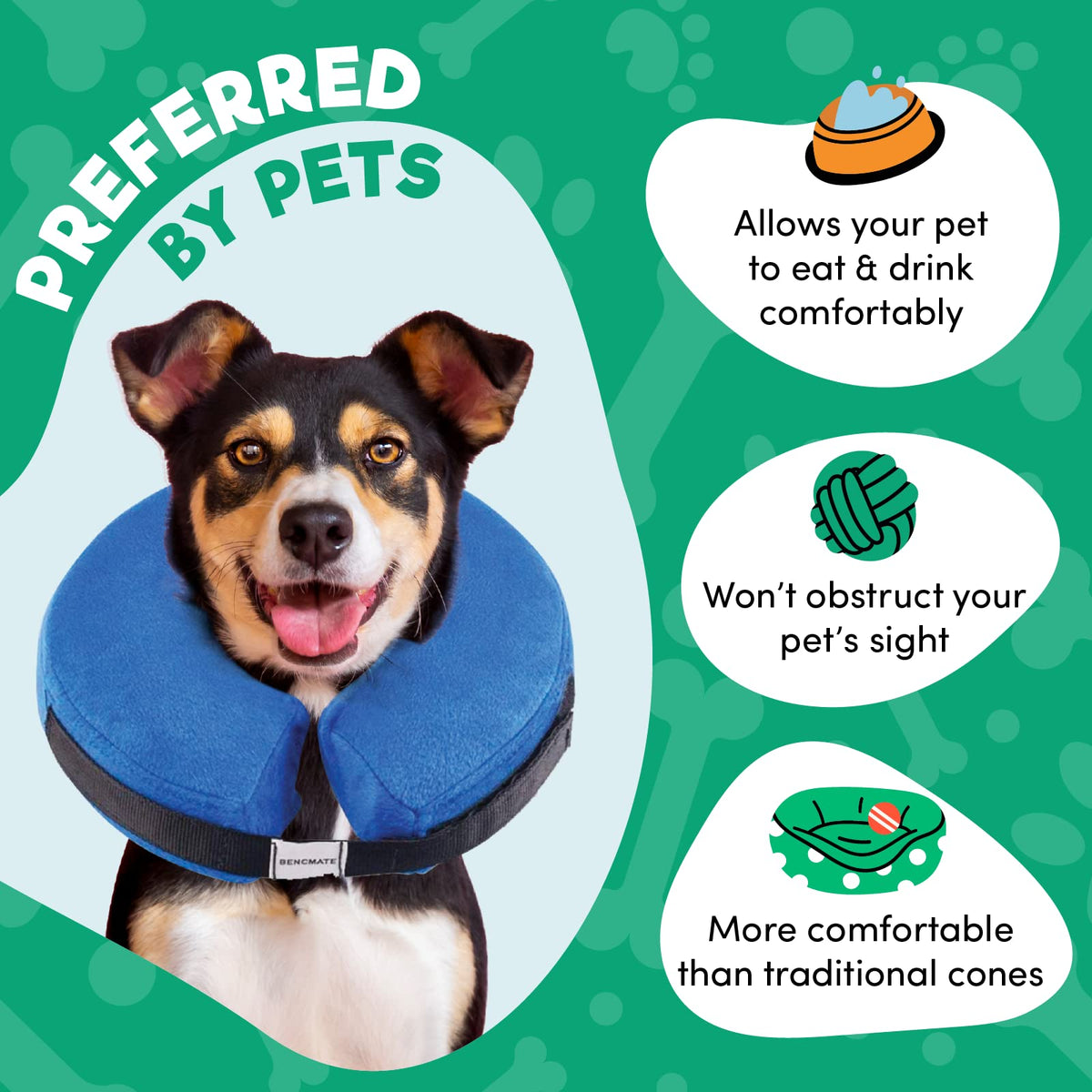 BENCMATE Protective Inflatable Collar for Dogs and Cats - Soft Pet Dog Cone Recovery Collar Does Not Block Vision E-Collar Blue-L