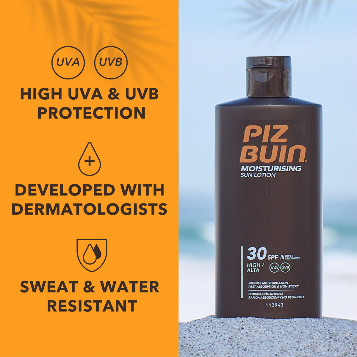 Piz Buin Moisturising Sun Lotion SPF 50+ (200ml), Triple-Resistance Sunscreen with UVA/UVB Filters, Protective and Hydrating Skincare for UV Exposure