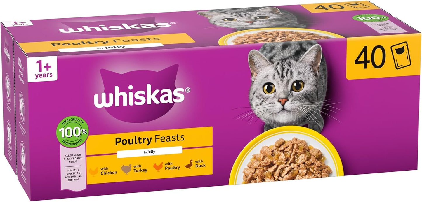 WHISKAS Adult Wet Cat Food in Jelly 40x85g Poultry Feasts