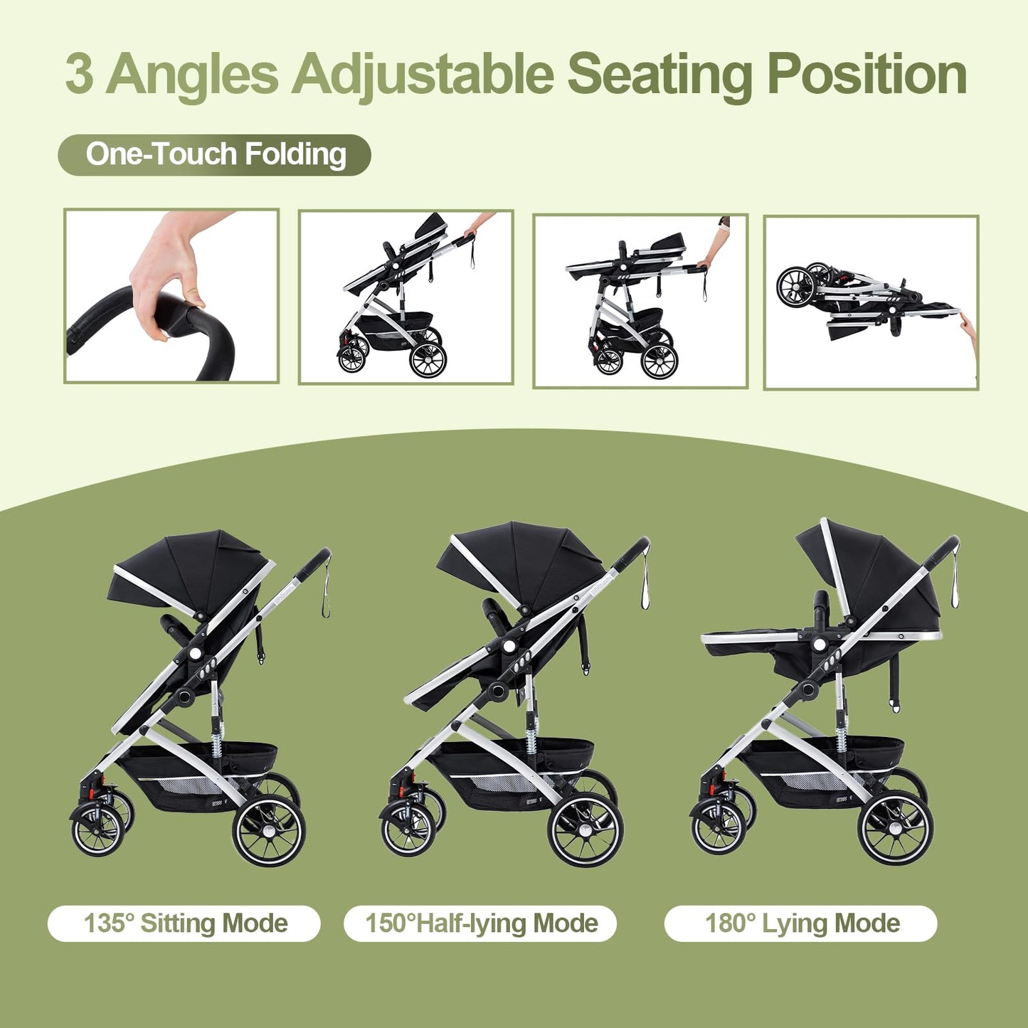 Gcarebb 3 in 1 Prams Travel System, Pushchair with Height Adjustable Handle, Travel Pram with Mosquito Net, Baby Stroller with Aluminum Frame for Newborn 0-4 Years