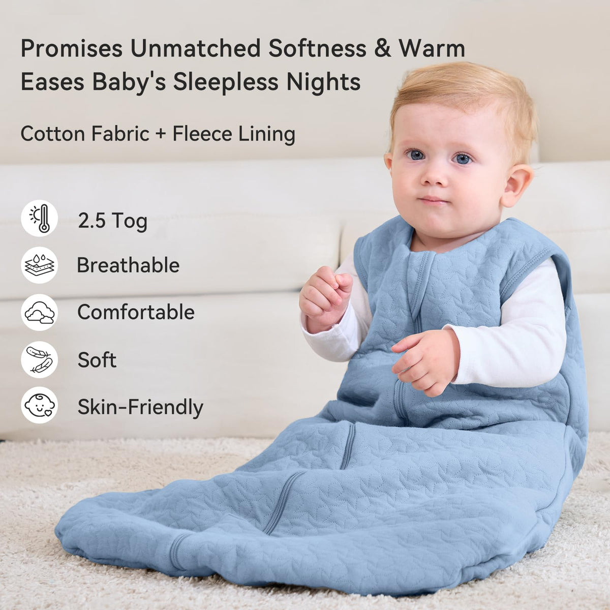 Unnivoll Baby Sleeping Bag 2.5 Tog 0-6 Months 100% Cotton Winter Sleeping Bag Baby 2-Way Zipper Quilted Sleep Sack for Newbron Infant Warm Soft Apricot