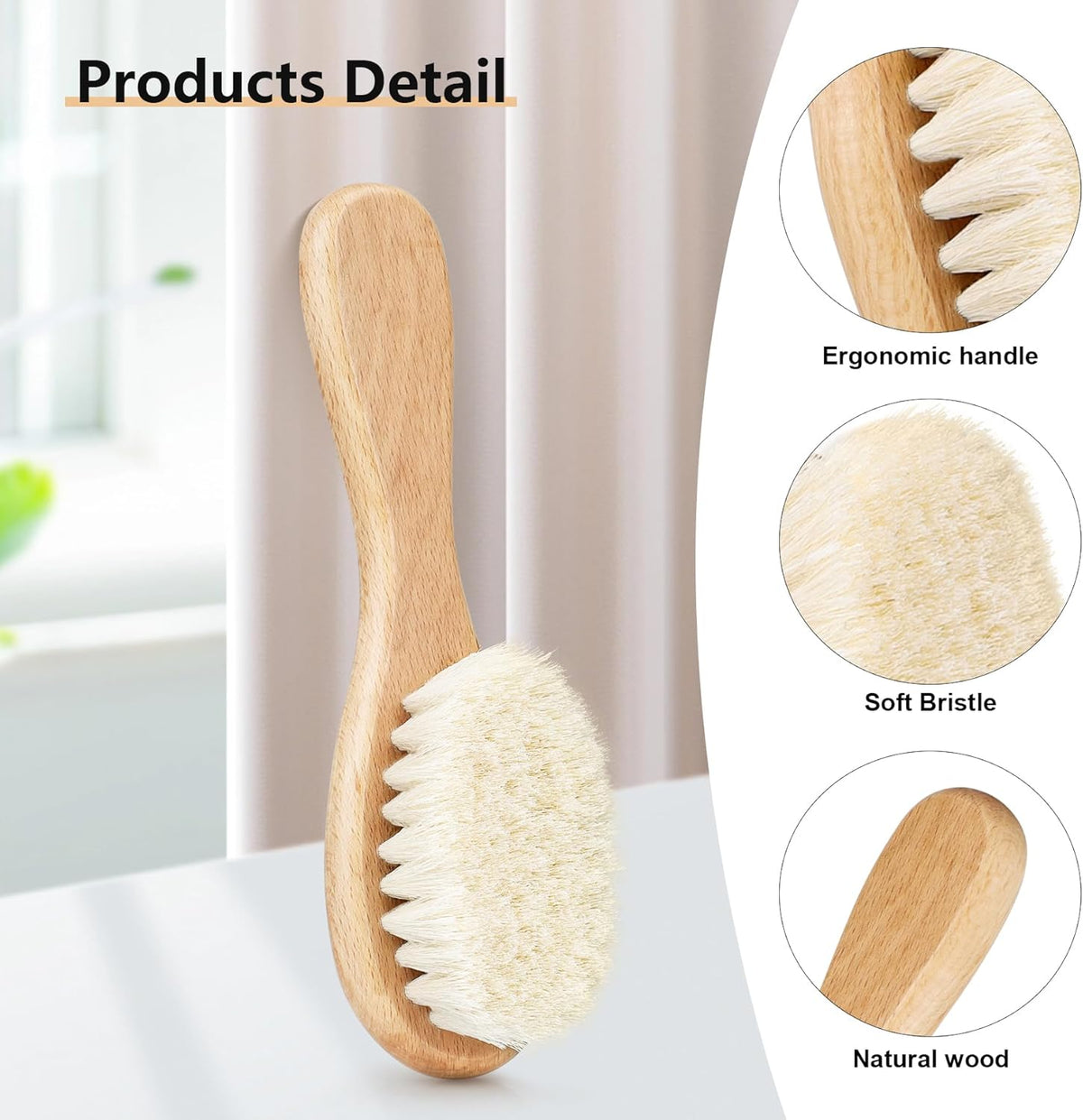 3PCS Baby Hair Brush with Wooden Handle and Comb Set for Newborns & Toddlers | Natural Soft Goat Bristles l Wood Comb l Green Cradle Cap Brush | Ideal for Cradle Cap