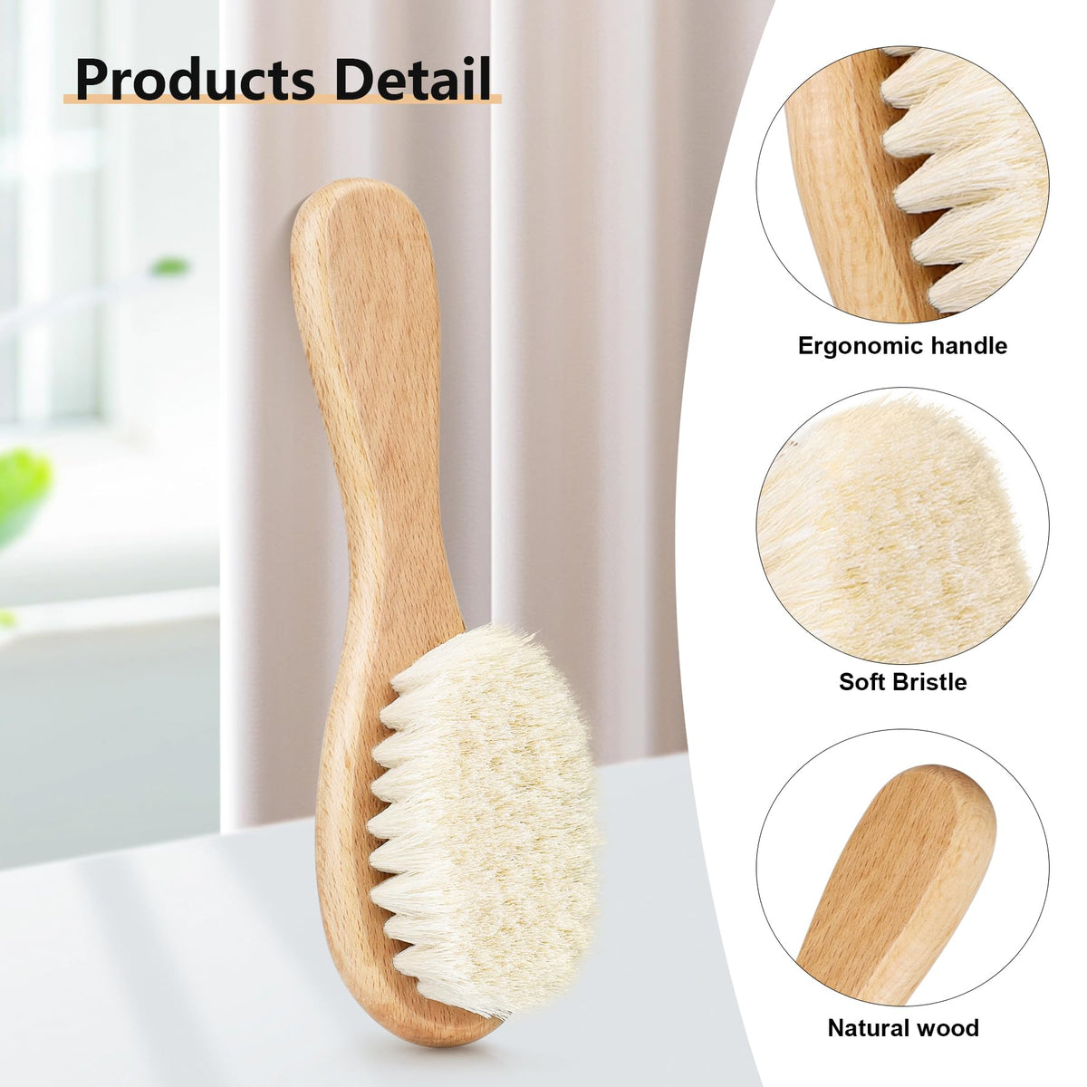 3PCS Baby Hair Brush with Wooden Handle and Comb Set for Newborns & Toddlers | Natural Soft Goat Bristles l Wood Comb l Green Cradle Cap Brush | Ideal for Cradle Cap