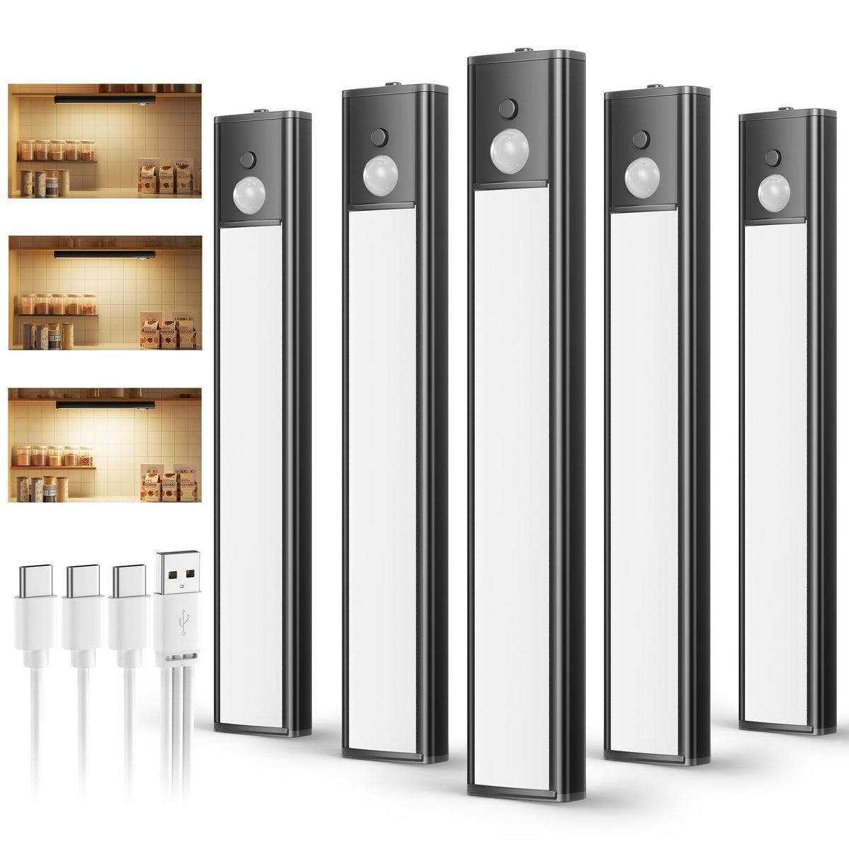 daphomeu 5 Pack Rechargeable Under Cupboard Kitchen Lights, 20CM Dimmable Warm Cabinet Light, LED Motion Sensor Lights Indoor, Magnetic Stick Light for Kitchen Shelf Stairs Wardrobe