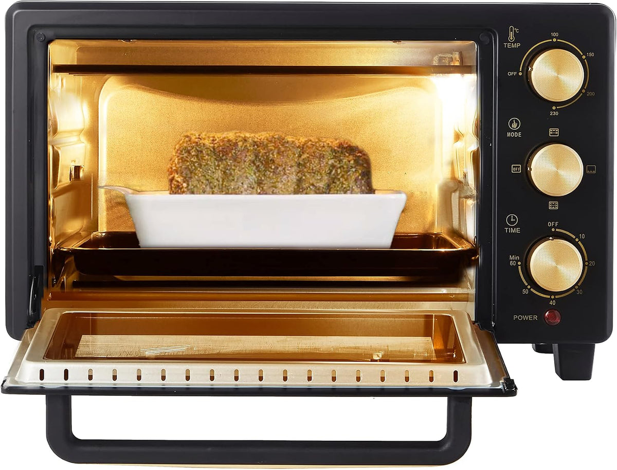 Belaco 23L Toaster Oven Tabletop Cooking Baking Portable Oven Rotiseerie1380w 60 min Timer with auto shut off 100-250° Stainless Steel Heating Tube incl. Baking Tray, Wire Rack, Handle, Rotisserie…