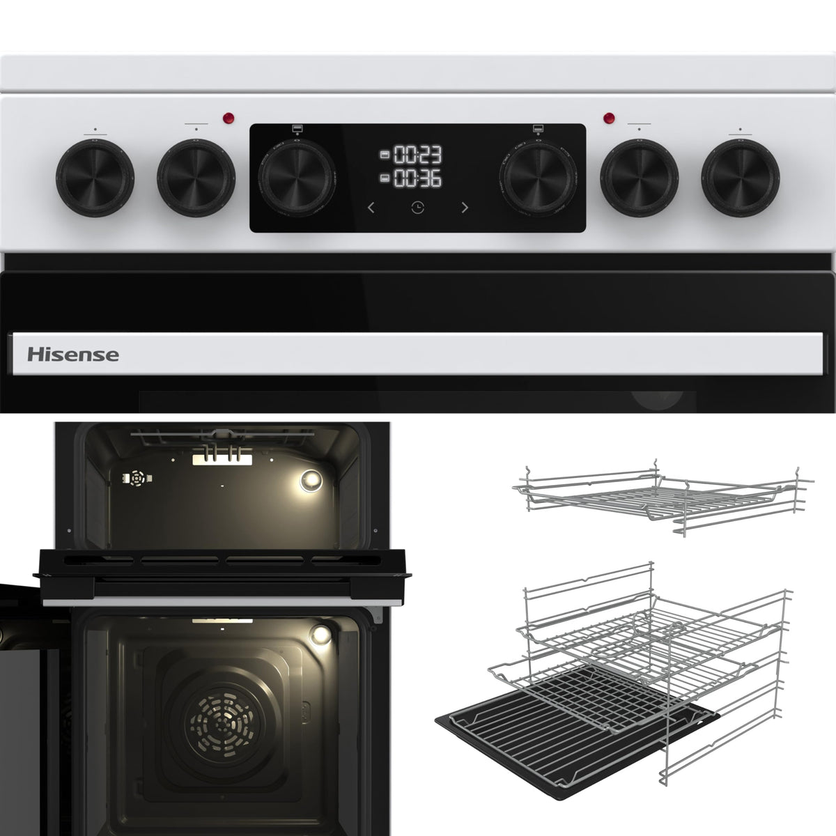Hisense HDUKC60W 60cm Electric Cooker with Ceramic Hob-White, A Rated Double Oven 50L/80L [Energy Class A]