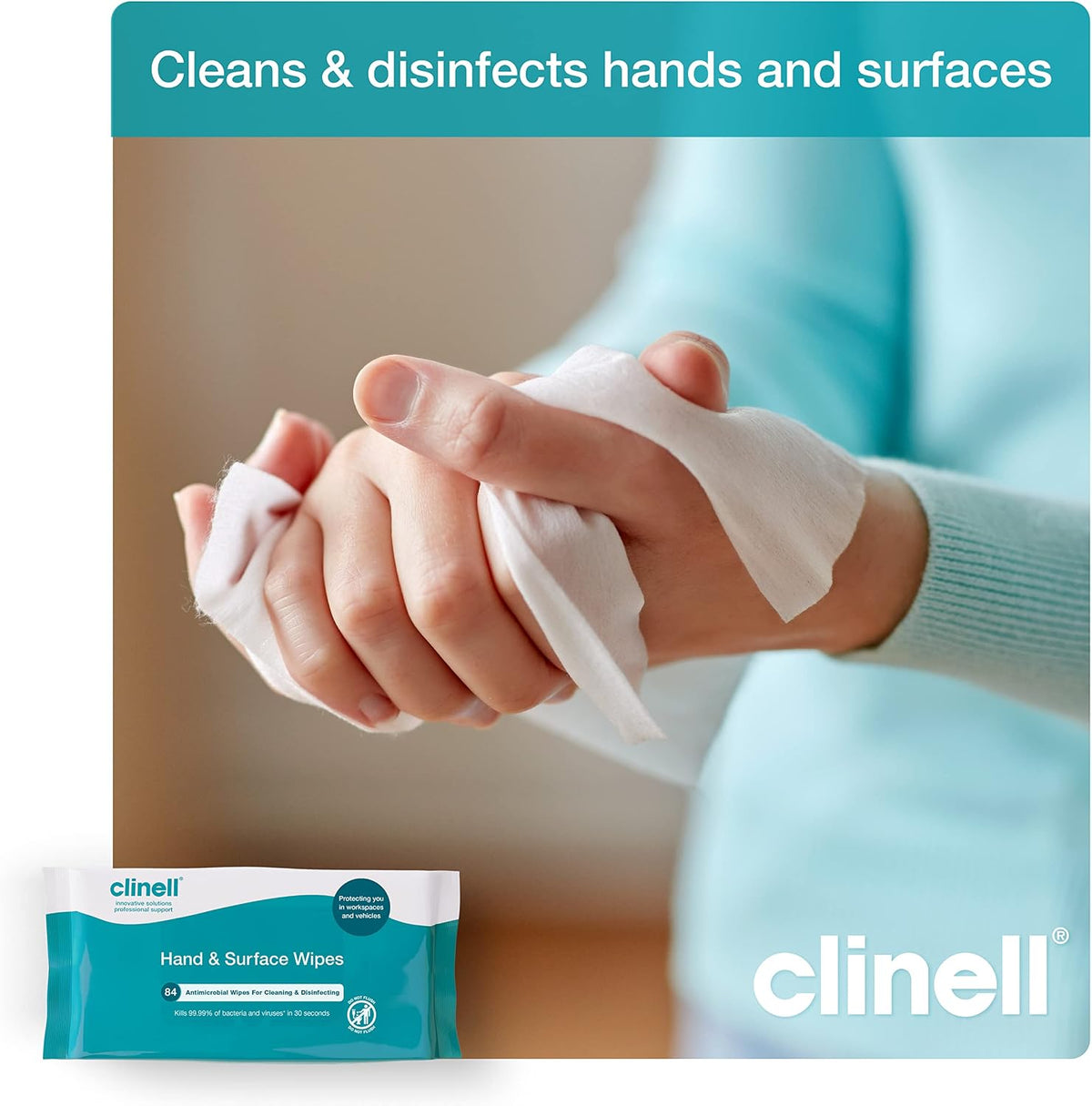 Clinell Antimicrobial Hand Wipes for Cleaning & Disinfecting - Sanitising Wipes, Ideal for Travel - Dermatologically Tested, Kills 99.99% of Bacteria & Viruses - 84 Wipes