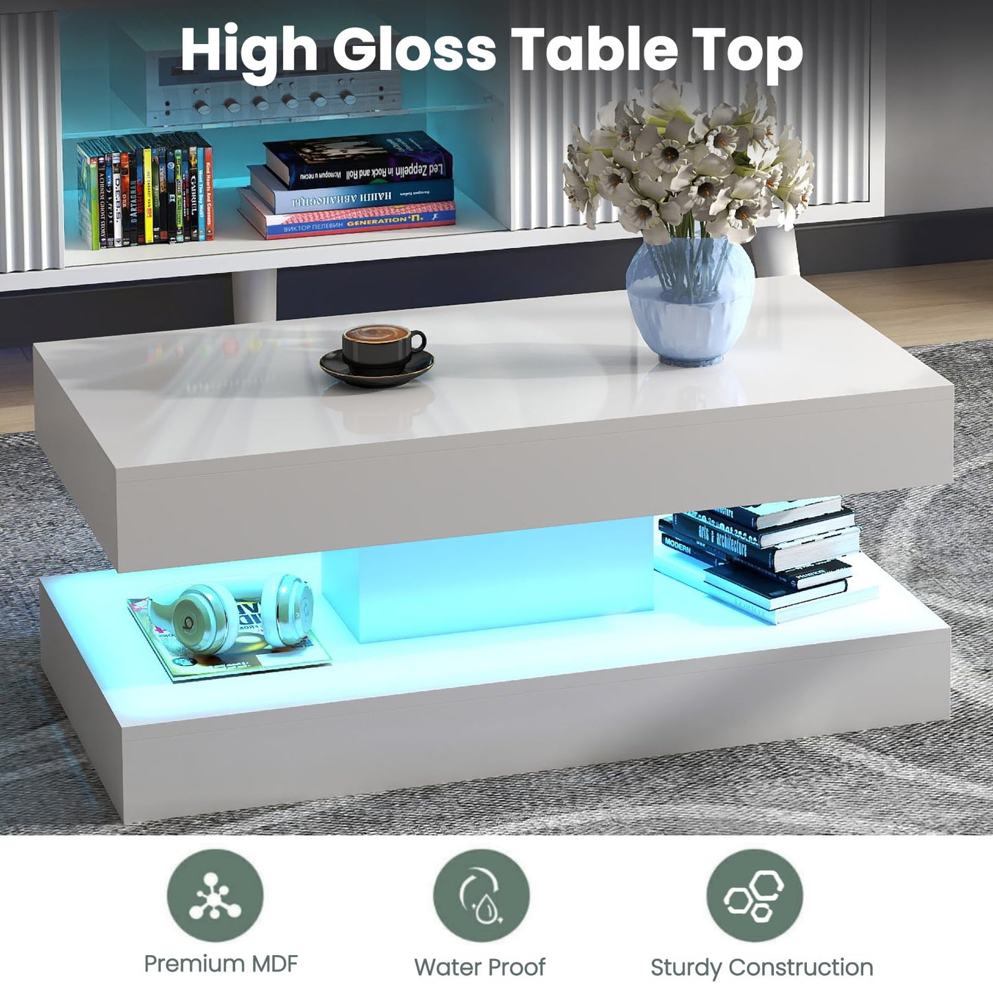 COSVALVE White Marble Coffee Table for Living Room with 24 Colors LED Light, 2 Tier High Gloss Modern Centre Table Rectangle Tea Table for Home, Office Furniture