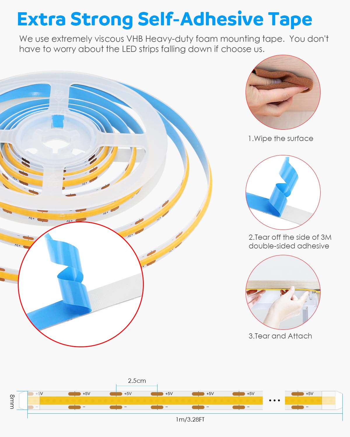 Aclorol 3M COB LED Strip Light Warm White 3000K 5V USB Flexible LED Light Strip 8mm Width Dimmable CRI85+ Dotless Tape Light High Density 320LEDs/M for Bedroom Kitchen Under Cabinet Home Decor