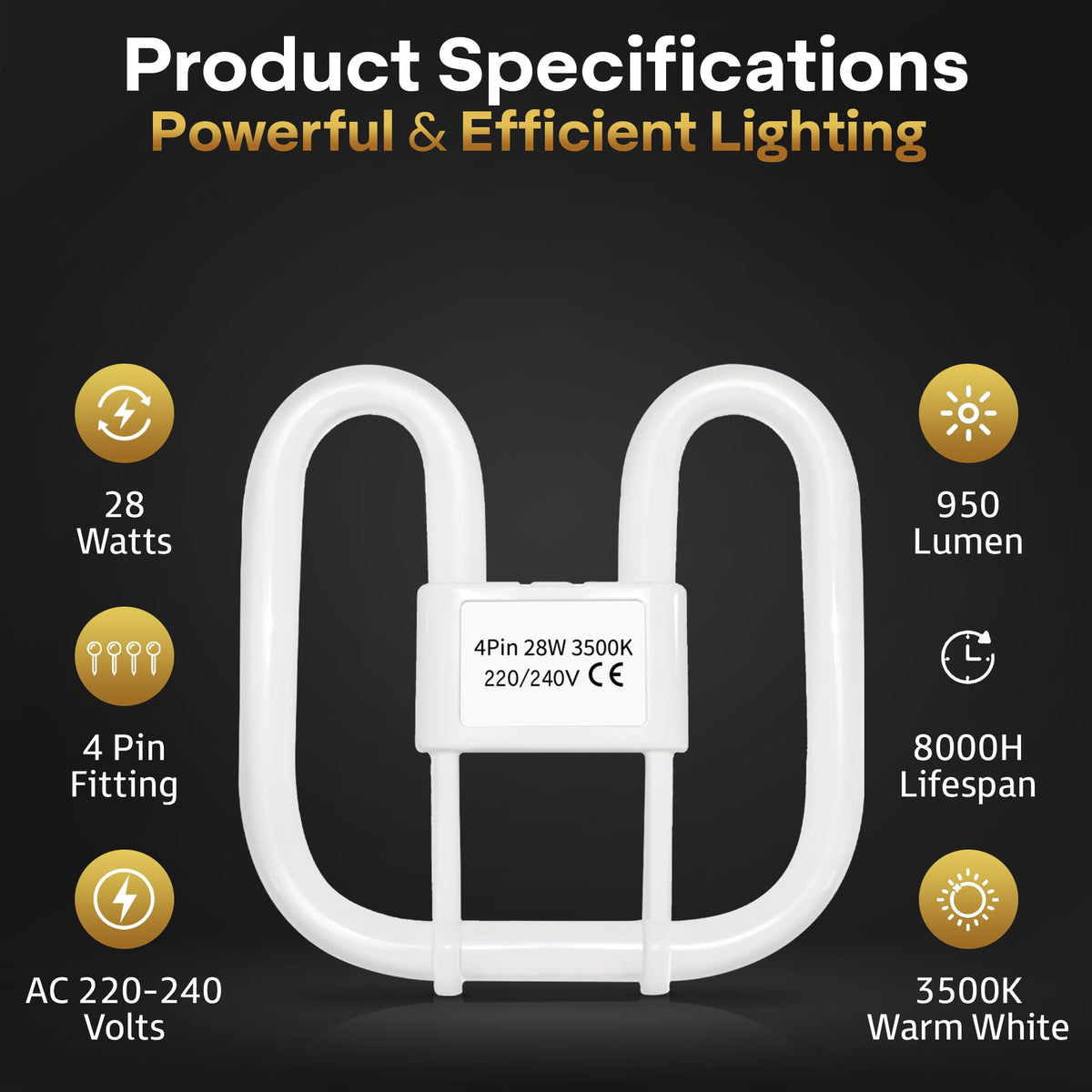 Quebec 16W 2D Square 2-Pin GR8 Cap Compact Fluorescent Lamp, Warm White 3500K, Non-Dimmable CFL Light Bulb, Energy Class A, AC 230V, DD Flat Butterfly Bulb for Flush Mount Ceiling Lighting, 8000 Hours