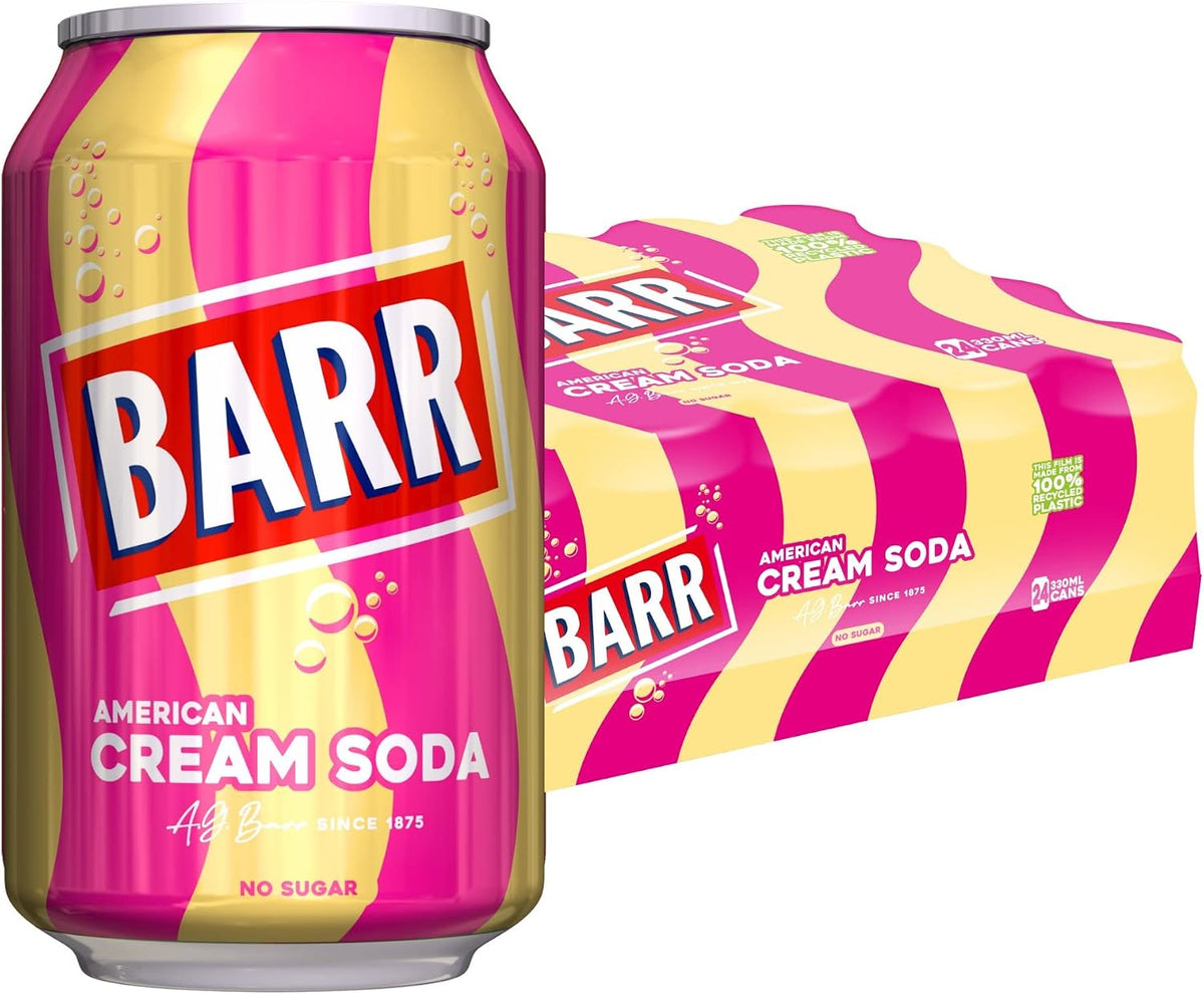 Barr Cream Soda Zero Sugar Sparkling Soft Drink, 24 Pack, 330ml Cans