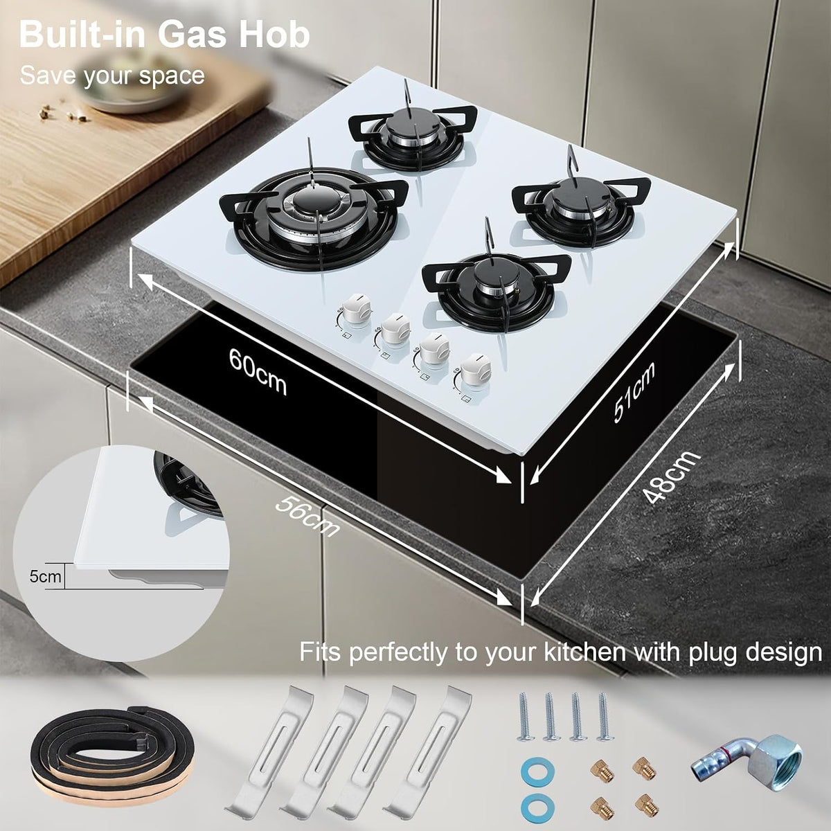 TopStrong Gas Hob 4 Burners, 60cm Black Glass Built-in Cooktop with 8060W Wok Burner & Thermocouple Protection, Natural Gas & LPG Compatible