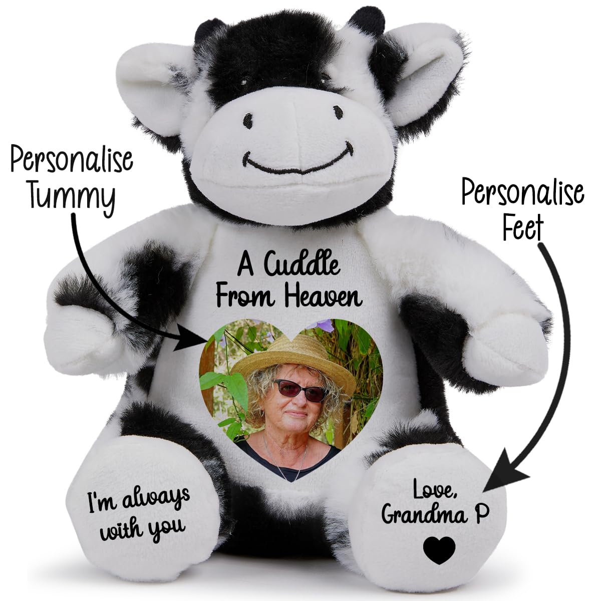 Personalised Memory Teddy Bear with Heart-Shaped Photo – “A Cuddle From Heaven” Keepsake Gift – 28 Bear Styles – Add Your Text & Choose Colour – Custom Memorial Bear (White Angel Teddy)