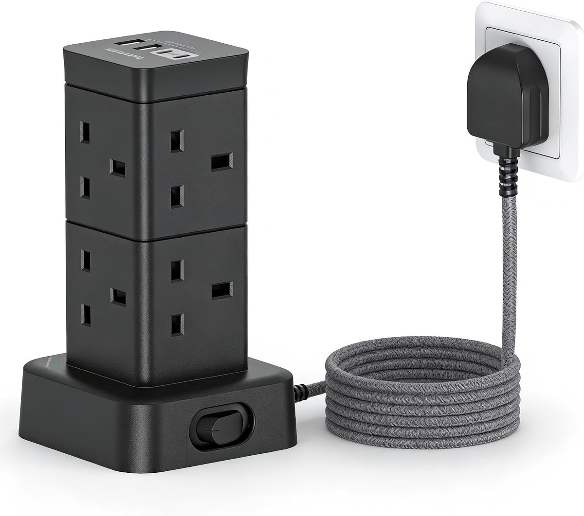 5M Extra Long Tower Extension Lead with 2 USB C, 8 Way Outlets Power Strip