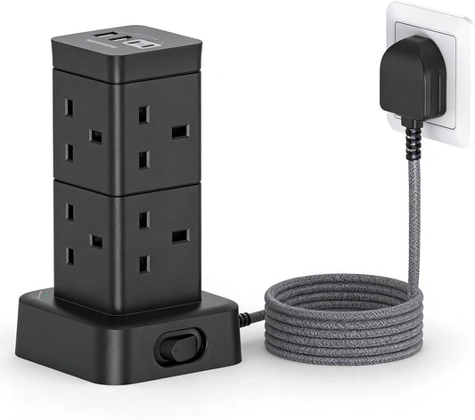 5M Extra Long Tower Extension Lead with 2 USB C, 8 Way Outlets Power Strip