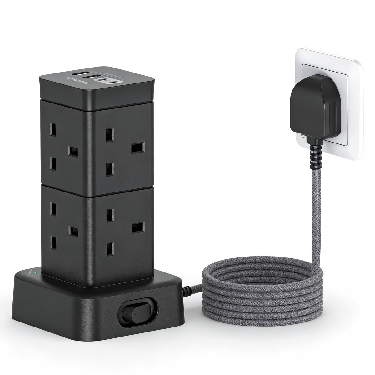 5M Extra Long Tower Extension Lead with 2 USB C, 8 Way Outlets Power Strip