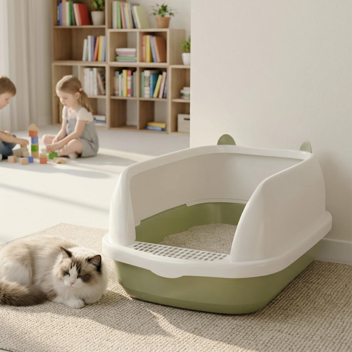 Cat Litter Tray Box, Litter Box, Plastic Cat Open Top Litter Tray with Free Scoop Kitten Detachable Rim Easy Cleaning,49 x 38 x 23cm (Grey)
