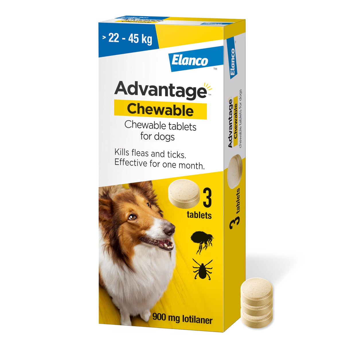 Advantage Chewable 450mg Chewable Tablets for Dogs >11 - 22kg (3 pack), Flea and Tick Treatment, Fast Acting Kills Fleas Within Hours, Prevention Lasts For A Month, Easy To Administer