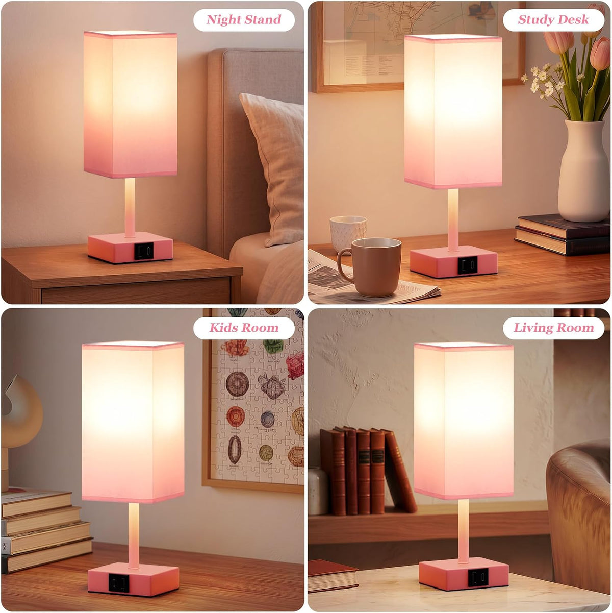 Pink Touch Lamp, Bed Lamp with Dual USB Charging Ports, Pink-Base (Bulb Included)