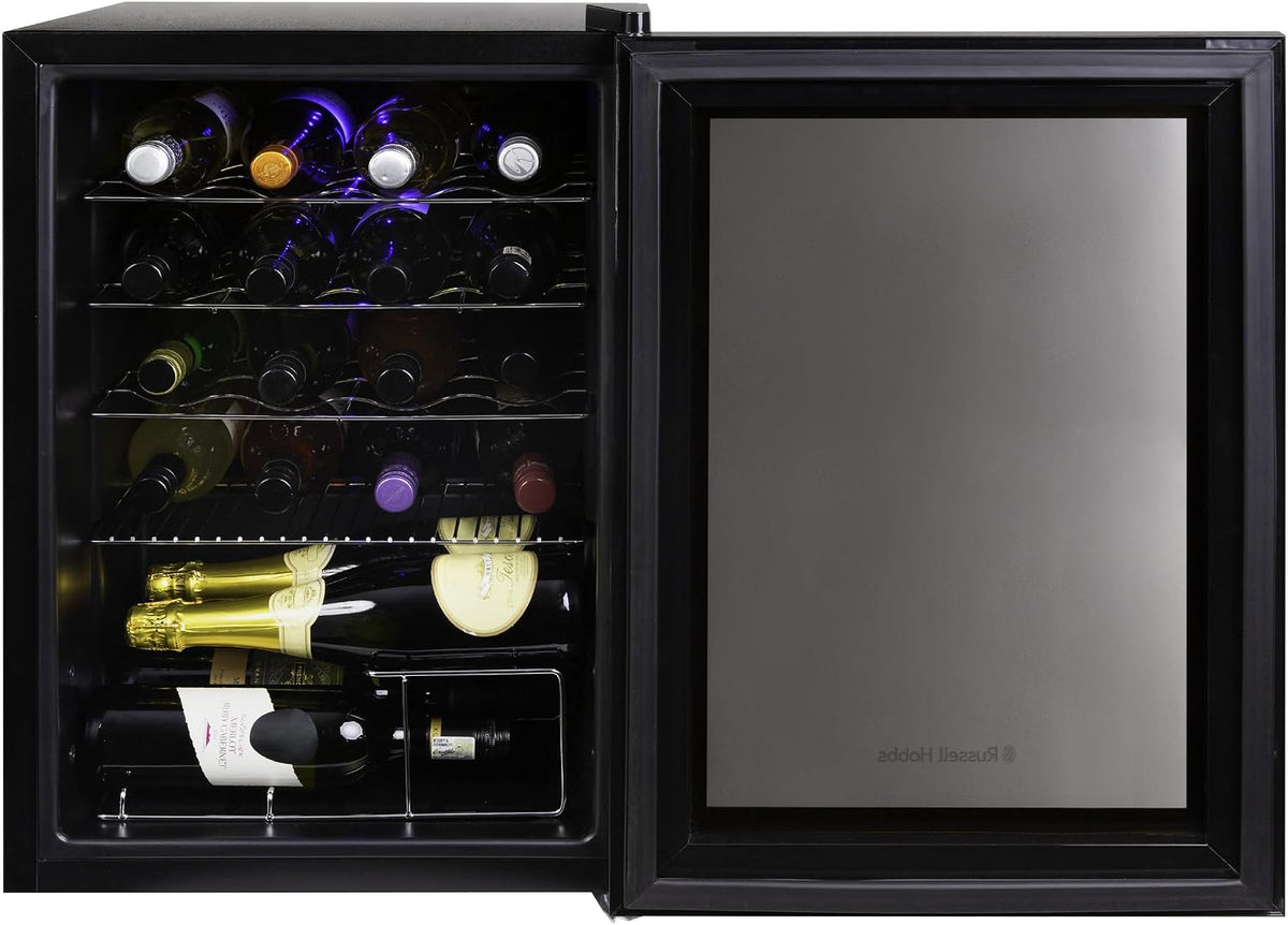 Russell Hobbs 20 Bottle 62L Mirrored Door Wine Cooler Freestanding Beverage Drinks Fridge, LED Light with Touch Control, Digital Display, Adjustable Shelves, Glass Door RH20WC201MR