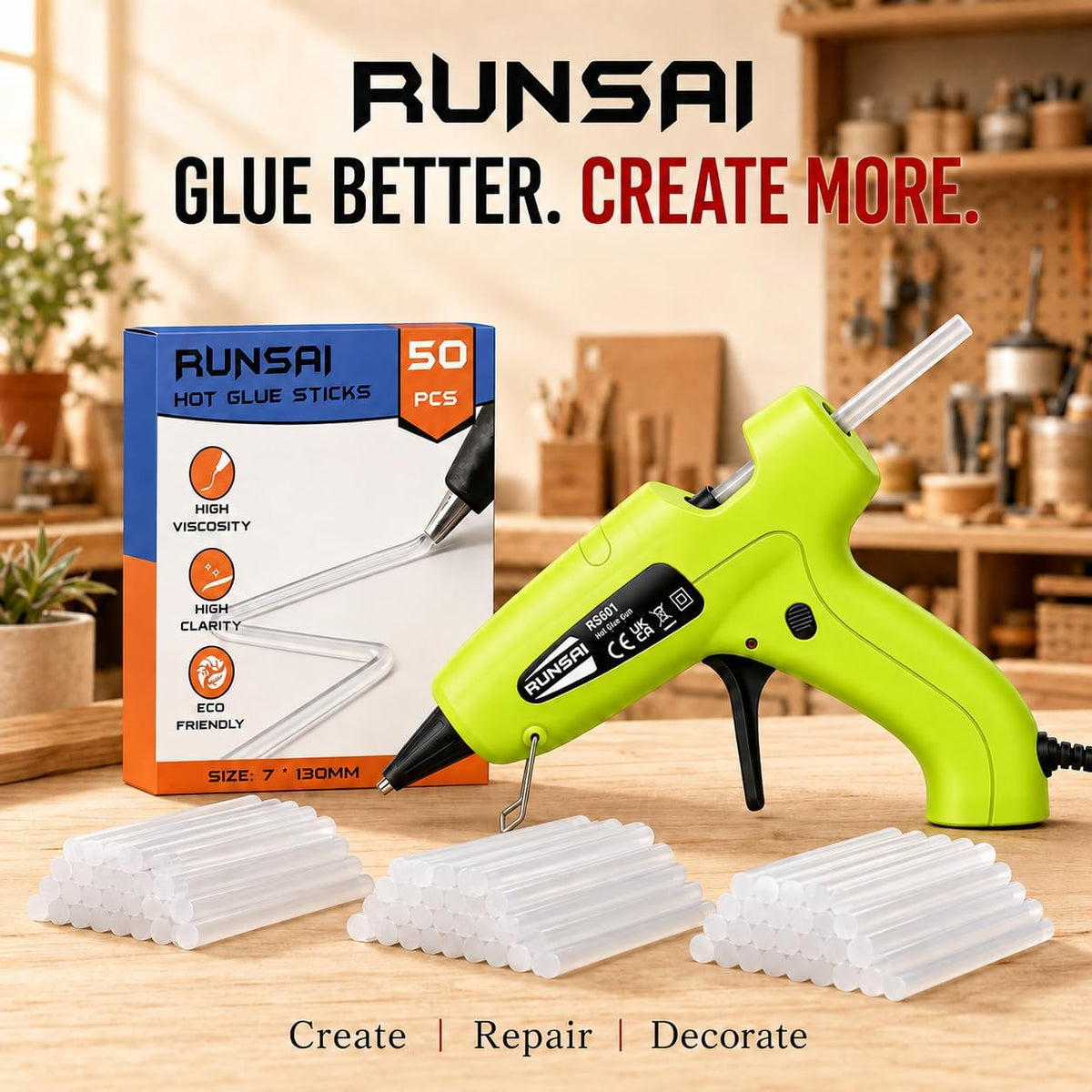 RUNSAI Hot Glue Sticks for Glue Gun 7mm x 130mm, 50 Pack
