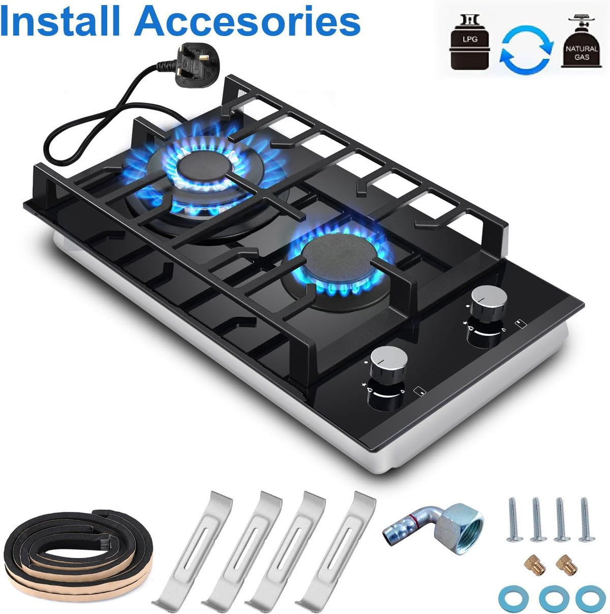 TopStrong Gas Hob 4 Burners, 60cm Black Glass Built-in Cooktop with 8060W Wok Burner & Thermocouple Protection, Natural Gas & LPG Compatible