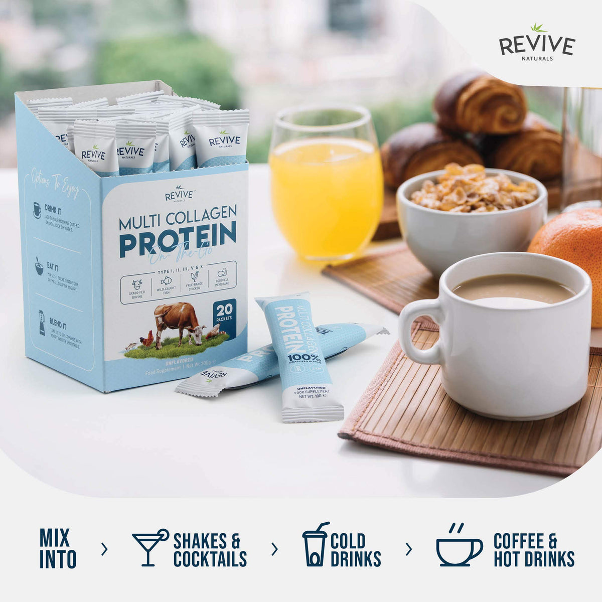 Multi Collagen Protein Powder 400g - Types I, II, III, V & X - Hydrolyzed Grass Fed Bovine, Wild Caught Fish, & Free-Range Chicken & Eggshell Collagen by Revive Naturals