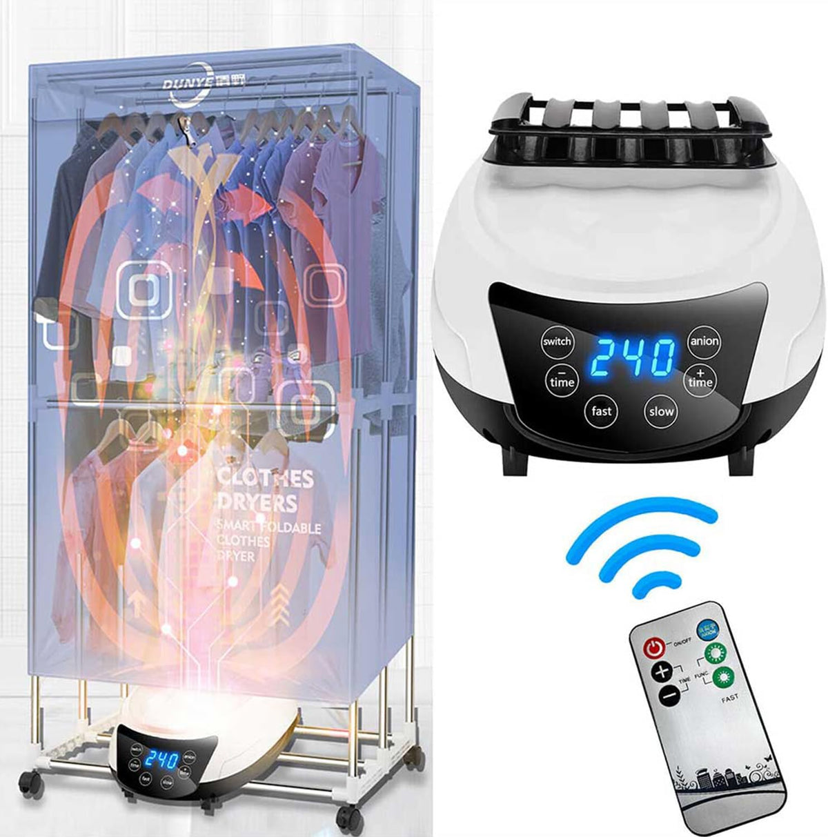 Portable Electric Clothes Dryer 1500W, Heated Clothes Dryer Indoor with Timer and Remote Control, Dry Clothes Indoors with Low Noise Operation