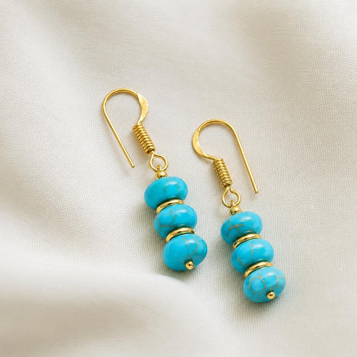 Gempires Natural Gemstone Rondelle Bead Earrings for Women | 8mm Beaded Drop Dangle Earrings | Gold Plated Hypoallergenic Hook Jewelry | Handmade Lightweight Crystal Earrings