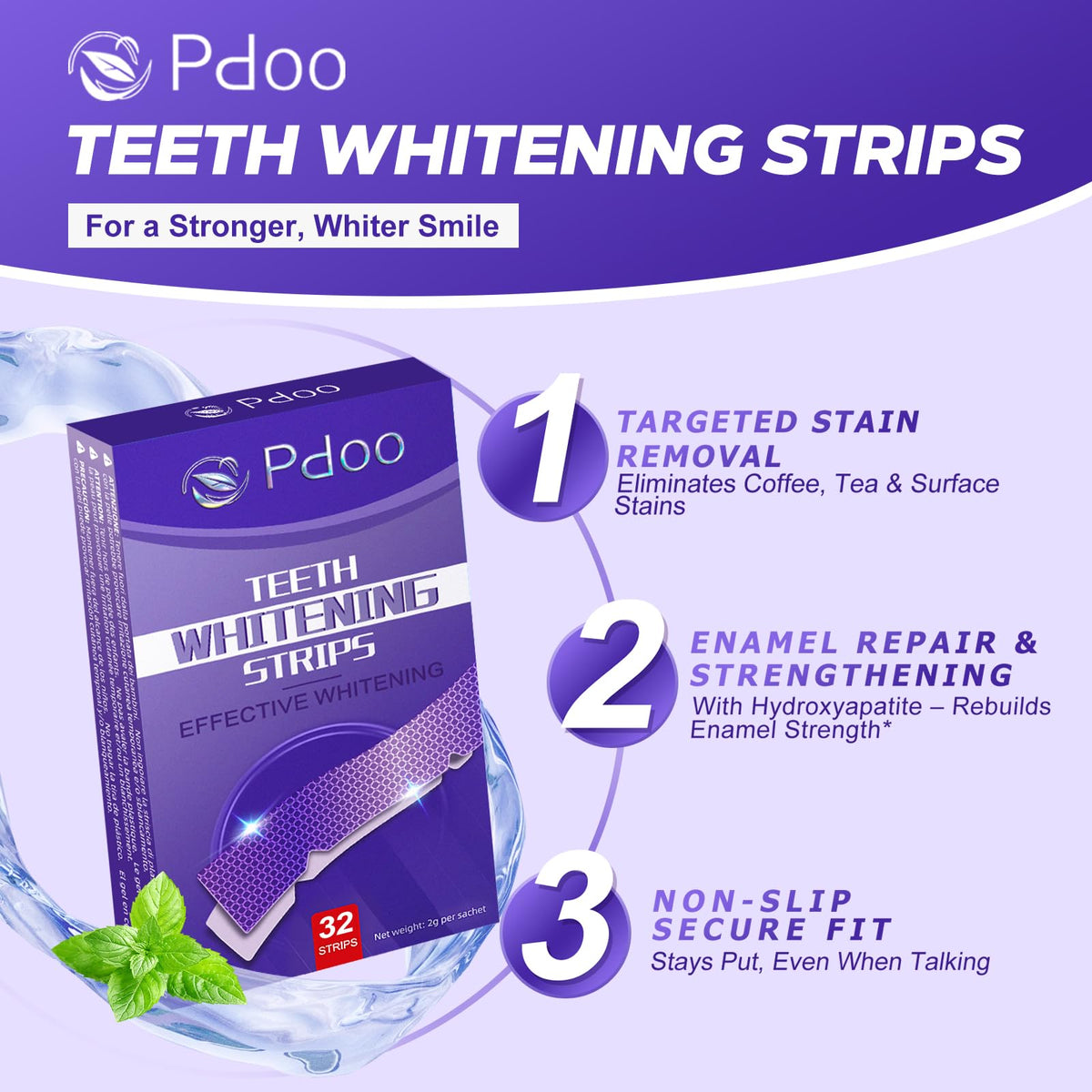 Purple Teeth Whitening Strips 14 Treatments - Enamel-Safe & No-Sensitivity & No-Slip Whitening Strips - Fast Teeth Whitening in 7 Days - Whitening Kit for Coffee, Wine Stains Removal, Mint Flavor