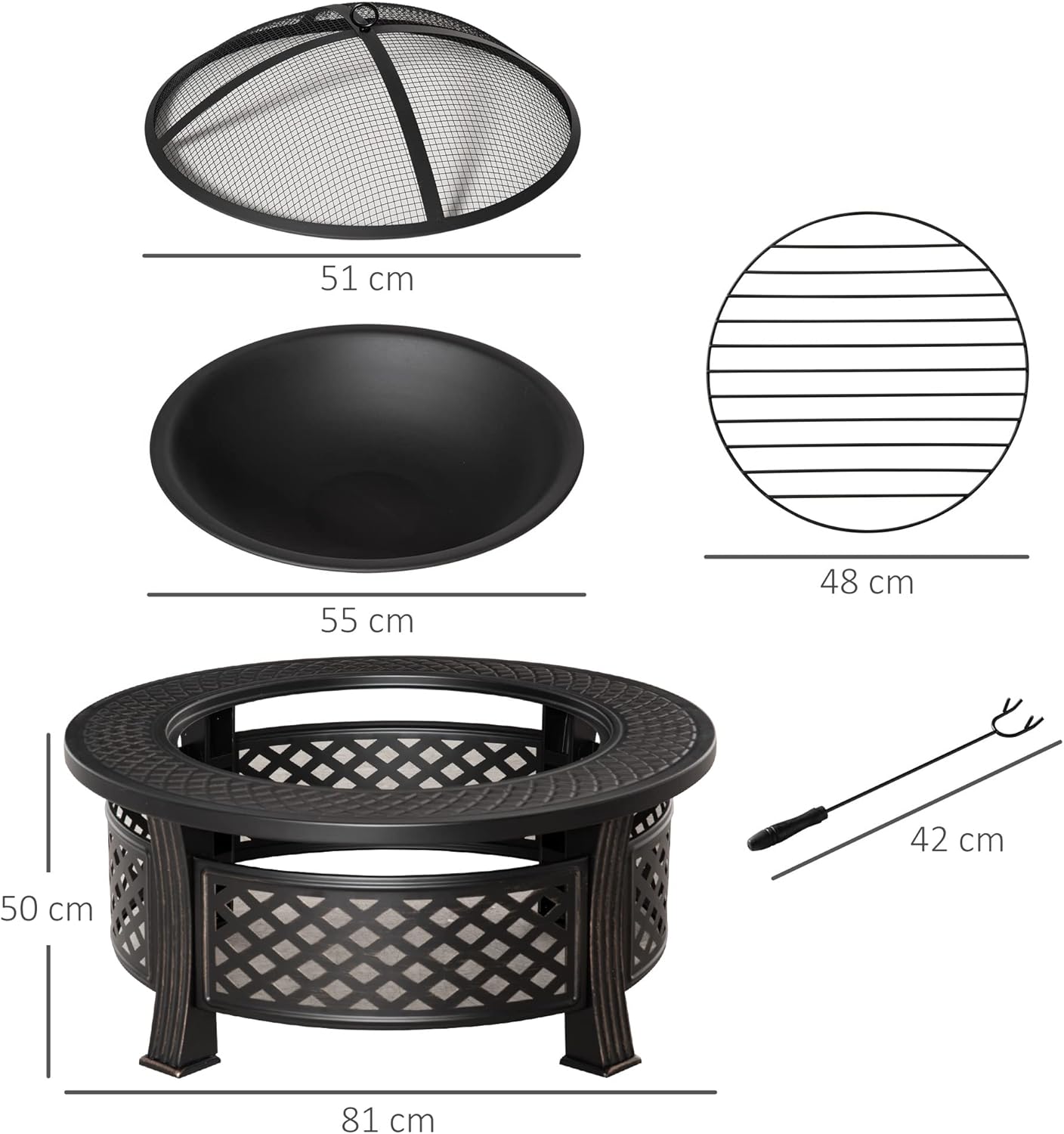 Outsunny 81 x 81 x 50 cm Outdoor Fire Pit, Round Firepit with Grill Net, Mesh Lid, Poker, for Garden, Camping, Bonfire, Picnic, Bronze Tone