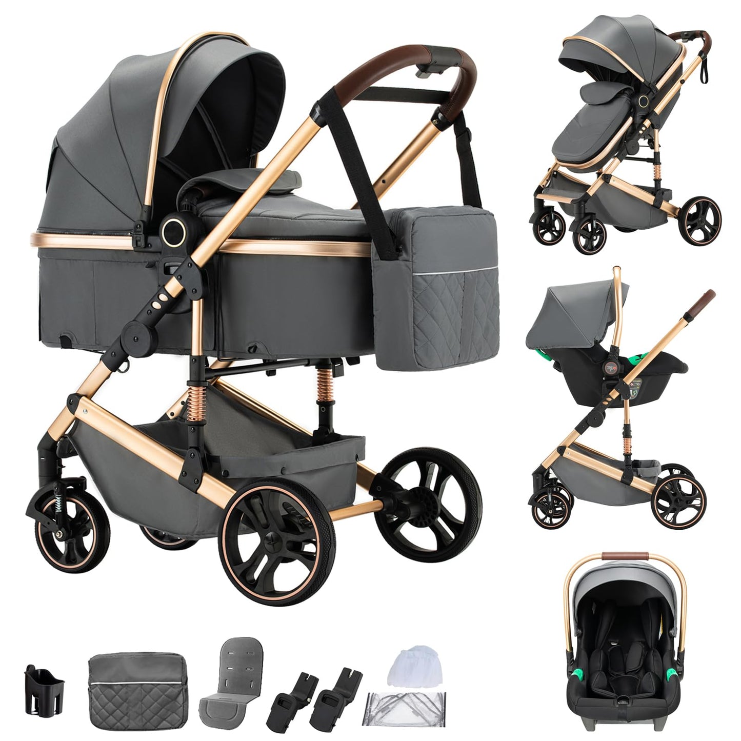 3 in 1 Pram Pushchair Aluminium Frame High Landscape Combined Buggy Lightweight Folding Stroller 3 in 1 Travel System Pram for Newborns Toddlers 0-36 Months from Birth (H9-Pink, H9)