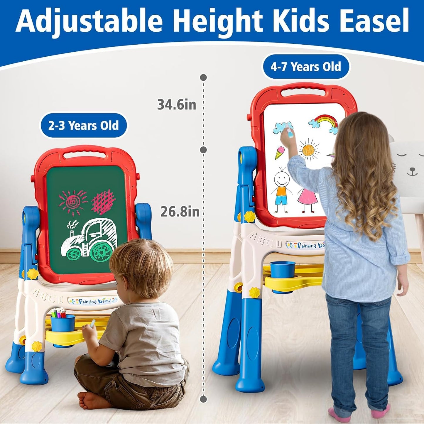 4 in 1 Kids Easel with Magnetic Whiteboard Chalkboard, Toddler Art Easel for Kids with Height Adjustable & 360°Rotatable Drawing Writing Painting Accessories, Gifts for 2 3 4 5 6 7 Year Old Boys Girls