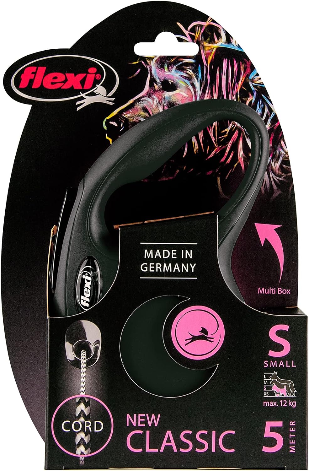 flexi Classic S | 5 m Retractable Cord Leash for Dogs up to 12 kg | Black | Retractable Dog Lead | Weight: 160 g | Dimensions: 9.6 x 16.2 cm