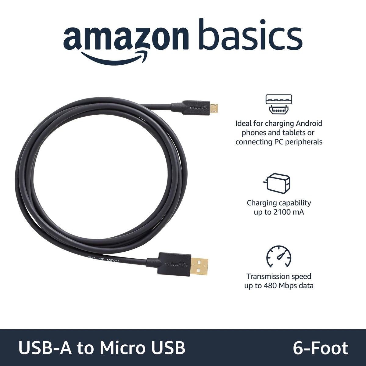 Amazon Basics 5-Pack USB-A to Micro USB Charging Cable, 480Mbps Transfer Speed with Gold-Plated Plugs, USB 2.0, 3 m, Black