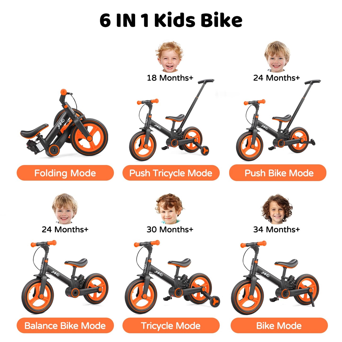 JMMD 6-in-1 Convertible Toddler Balance Bike to Pedal Bike — Ages 18 Months to 5 Years