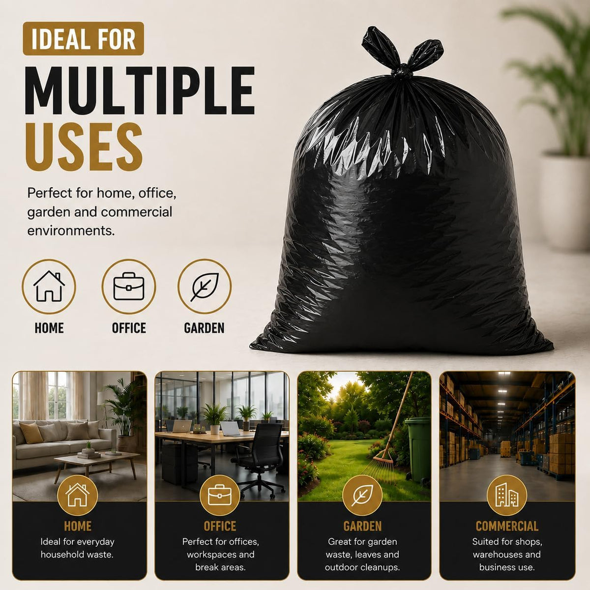 Haya Home 50L 50 Bin Bags Heavy Duty Bin Liners, Black Plastic Refuse Sacks large Garbage Waste Dustbin Bags for Kitchen Home Office DIY Garden from 100% Recycled Material