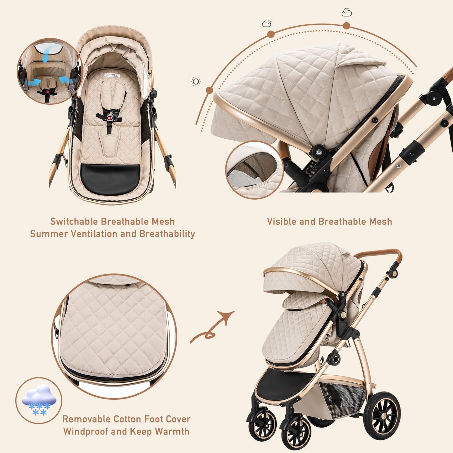 Zkipm Baby Pram 3 in 1, Foldable Baby Stroller,Pram Set Travel with Adjustable-Height Push Handle, Present Rain Cover, Mosquito Net, Bag, Cooling Mat, ect for Ages 0–3