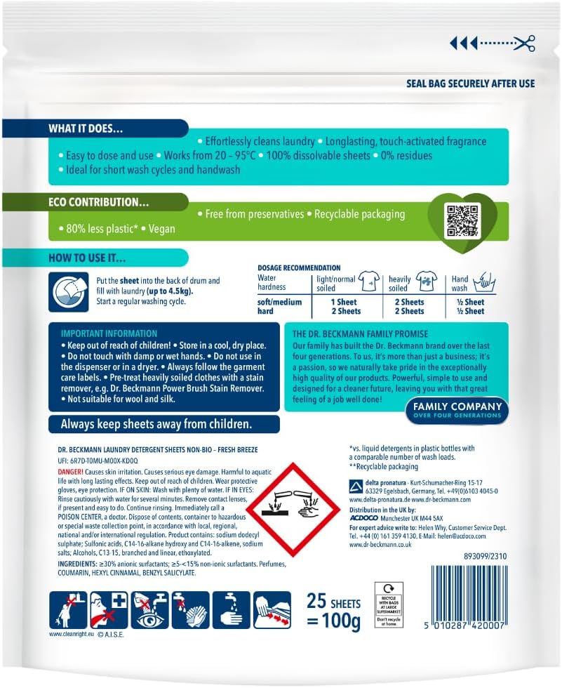 Dr. Beckmann Laundry Detergent Sheets, NON-BIO, Fresh Breeze, 25 Sheets